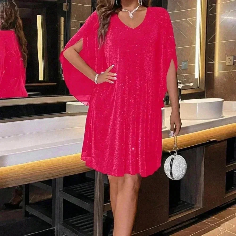 Hot Pink Casual Women's V-Neck Bell Sleeve Dress